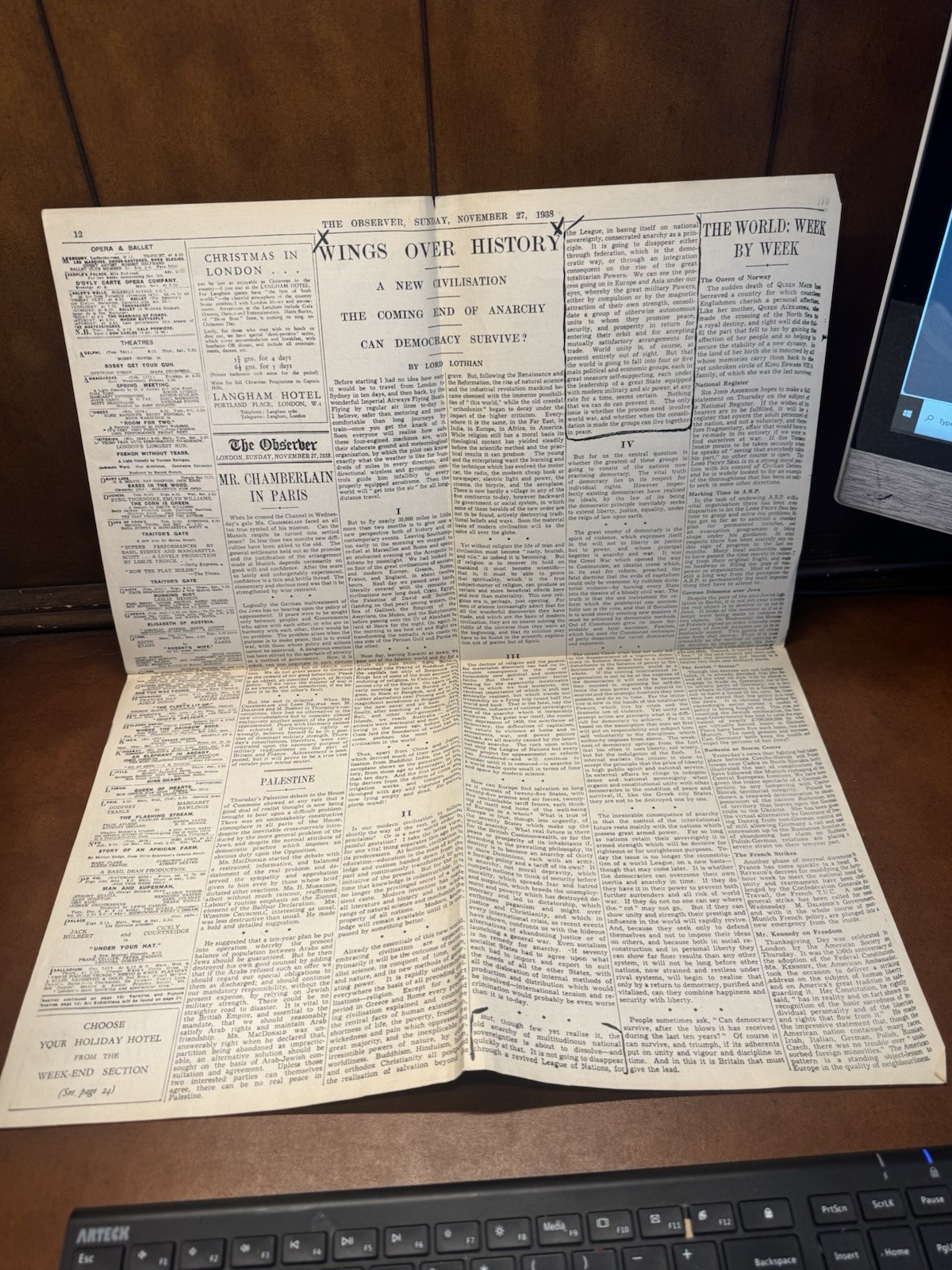 Original Observer Newspaper 1938 Pre-WWII Lord Lothian Article End of Anarchy