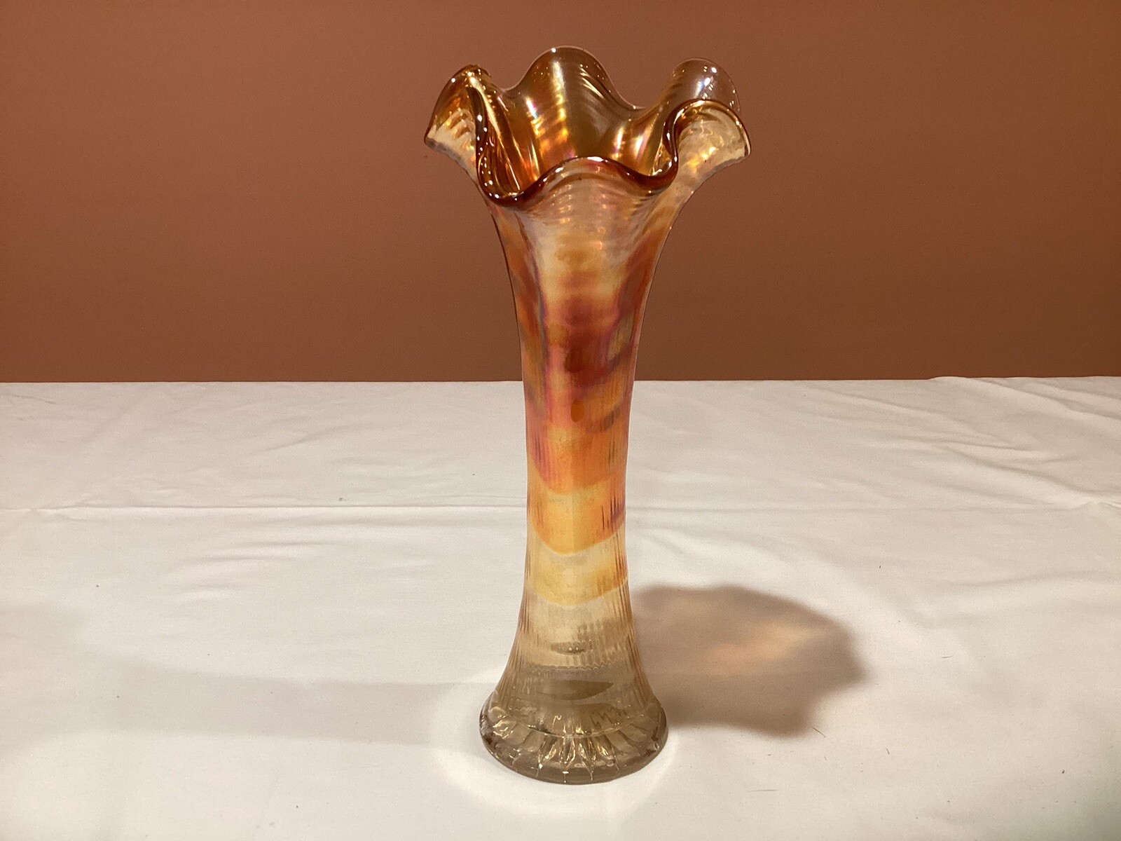 Vintage Carnival Glass Ripple  Ruffle Edge Marigold Iridescent Vase - 10.25”