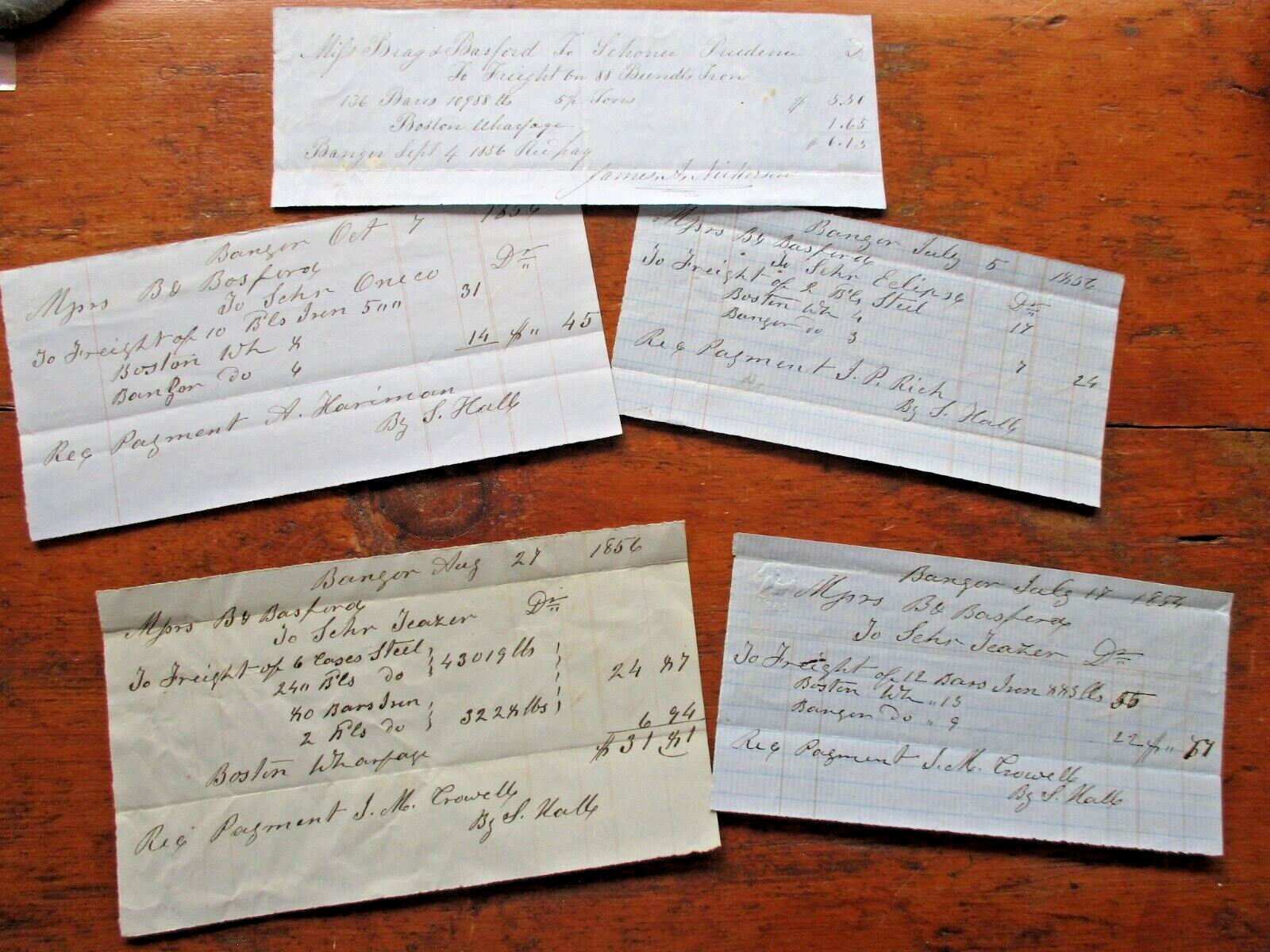 1856MAINE 5 SCHOONER MANUSCRIPT FREIGHT RECEIPTS TEAZER PROVIDENCE ECLIPSE ONECO