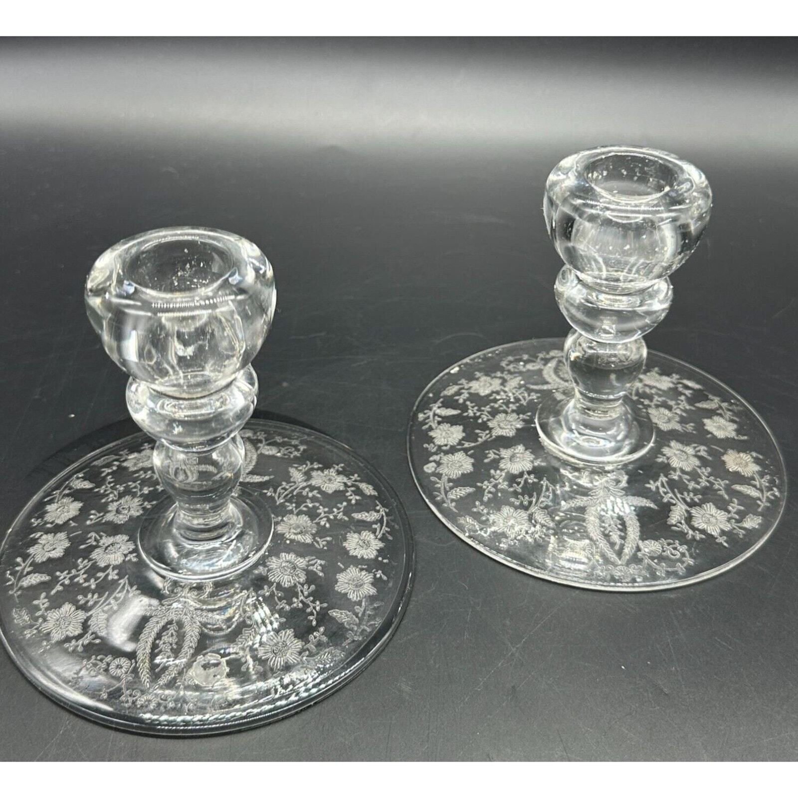 Viking Glass Co Prelude Etched Glass Candle Holders Set of 2 Vintage