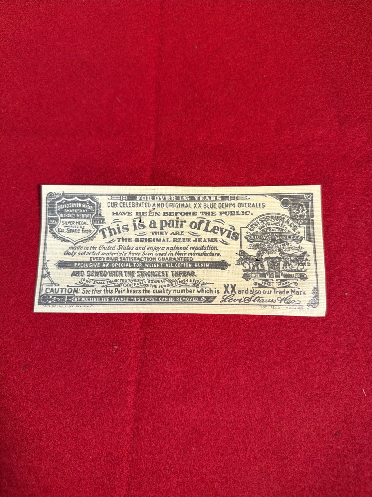 Vintage 1966 Levis Strauss & Co. Denim Guarantee Paper Ticket Tag. Nice.
