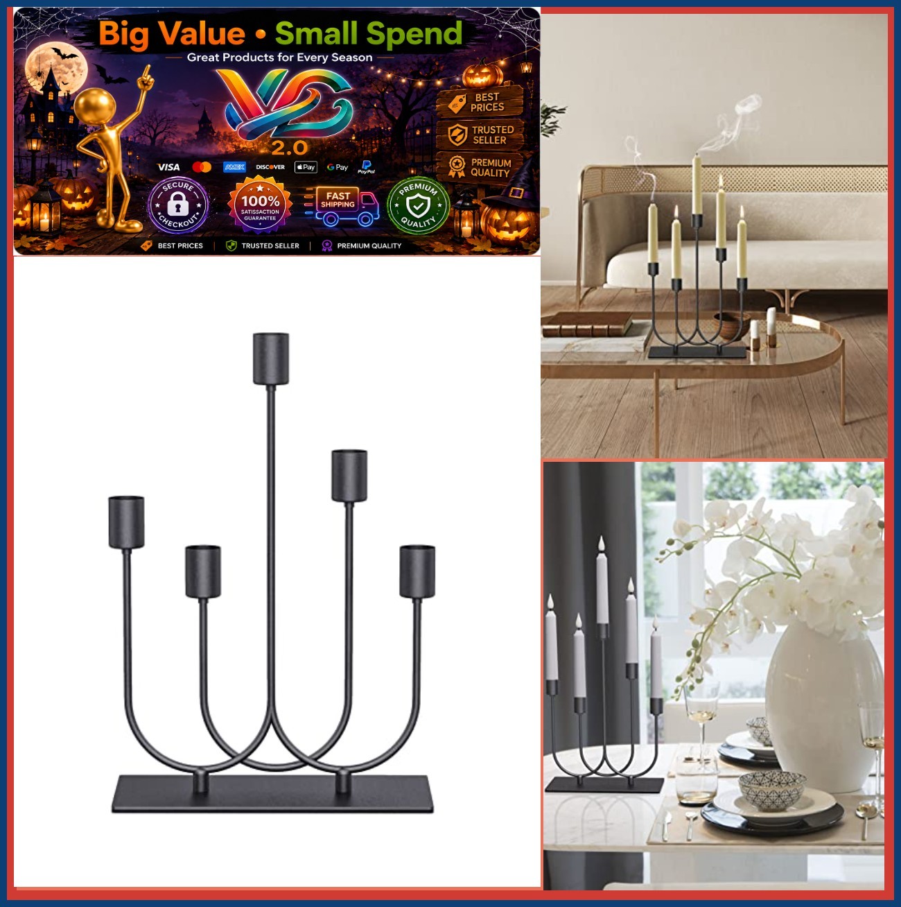 Candelabra Black Metal Candlestick Holder for Taper Candles Set of 5 Iron