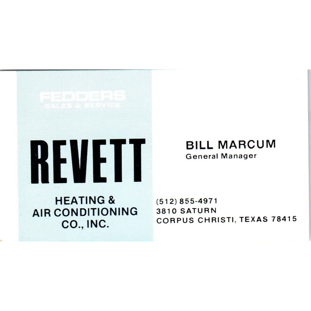 Fedders Revett HVAC Bill Marcum Corpus Christi TX Vintage Business Card SD4-B1 Fedders Revett HVAC Bill Marcum Corpus Christi TX Vintage Business Card SD4-B1