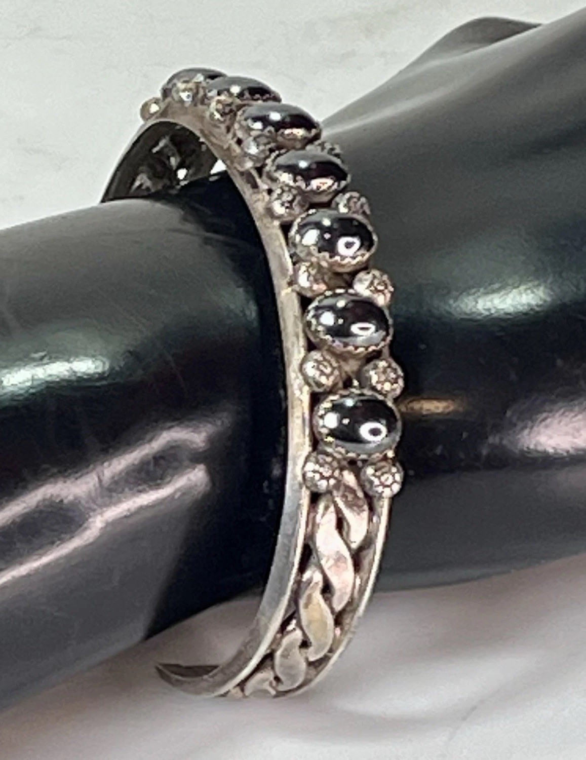 VTG Navajo Sterling Silver Hematite Statement Cuff Bracelet 31.6g Signed MGD