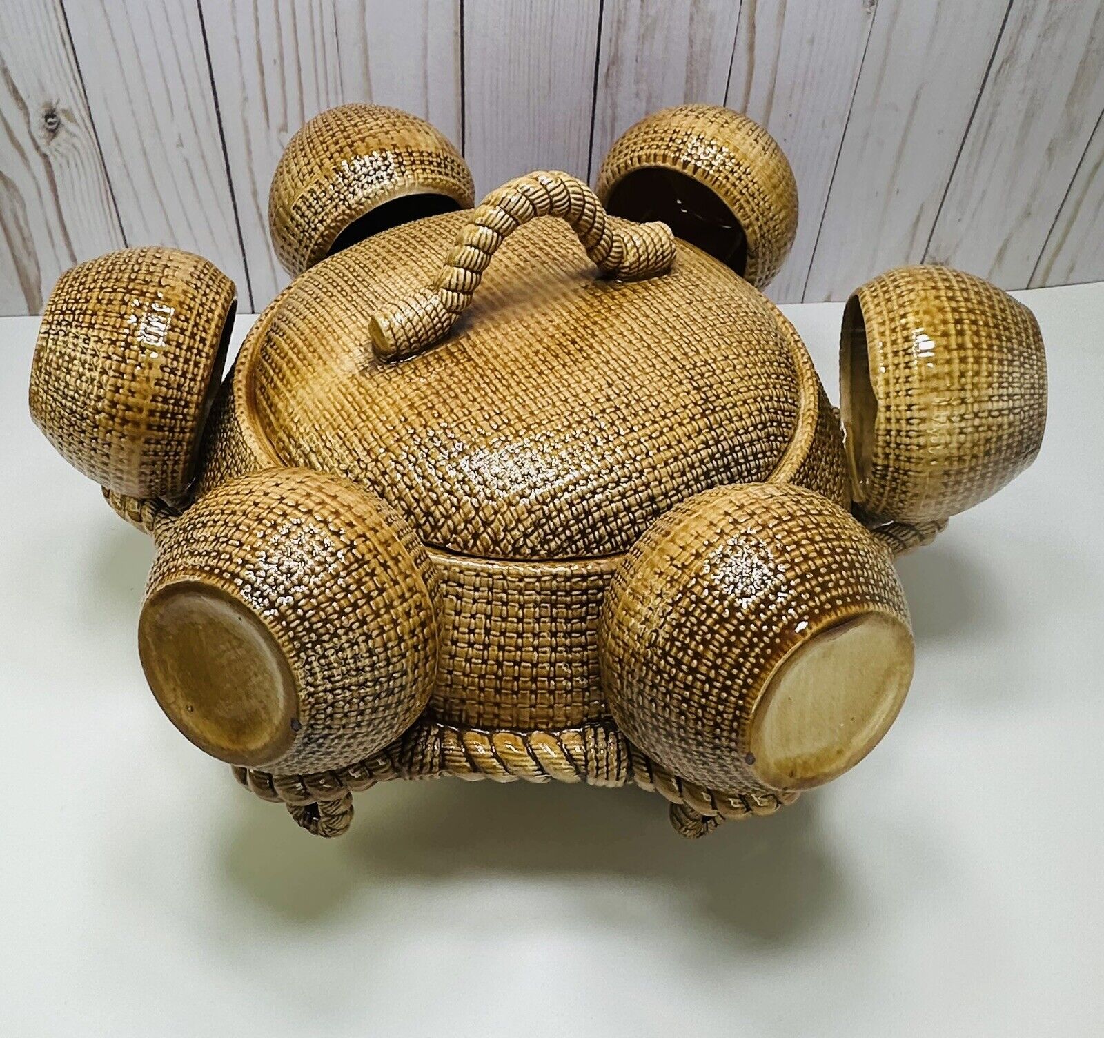 Vintage Ceramic Woven Pattern Sittre / Tureen Large Bowl Set W/ 6 Cups/ Mugs