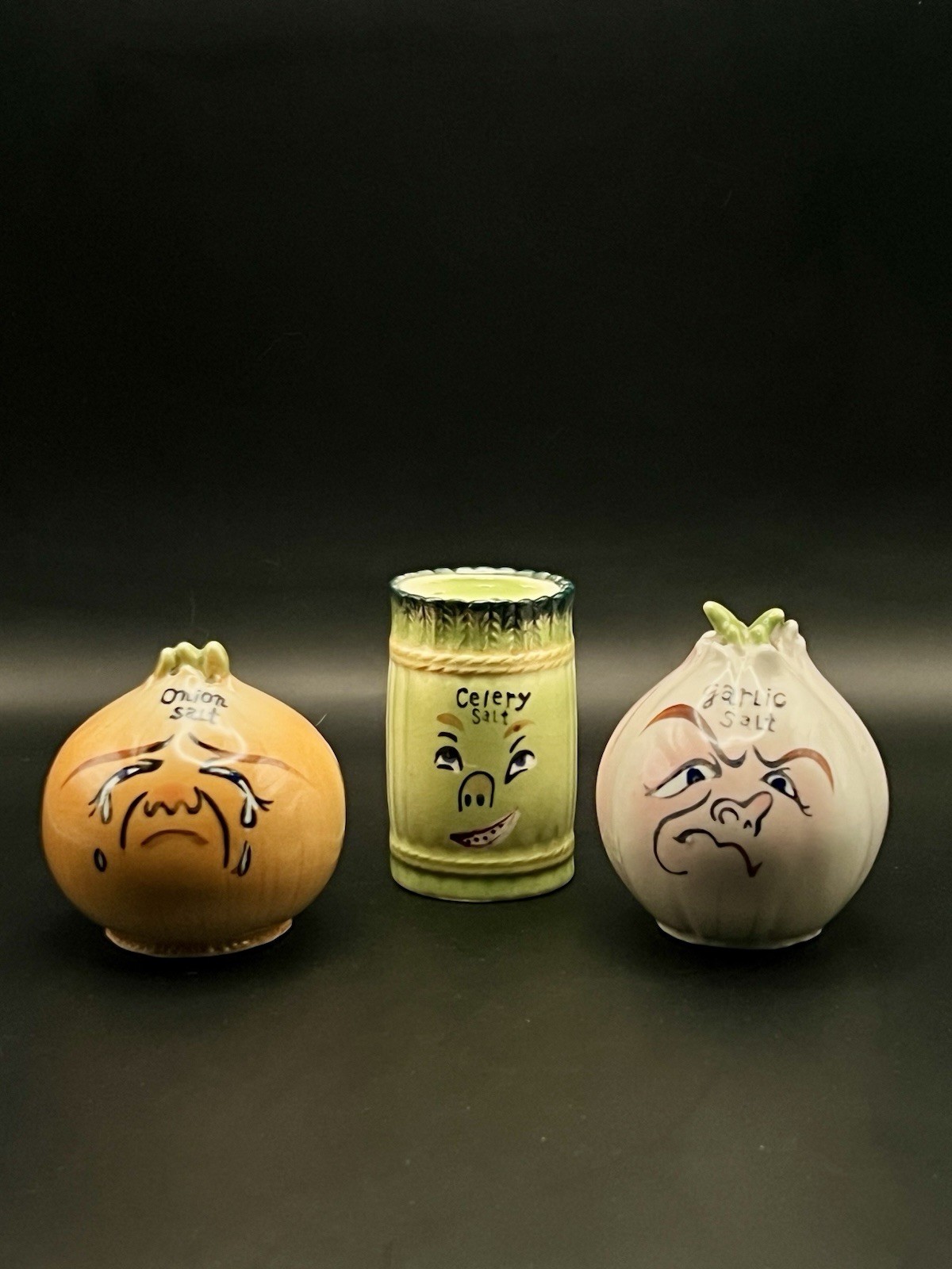 Anthropomorphic Salt Shakers Celery Onion Garlic Vegetable Head Vintage Norcrest Anthropomorphic Salt Shakers Celery Onion Garlic Vegetable Head Vintage Norcrest