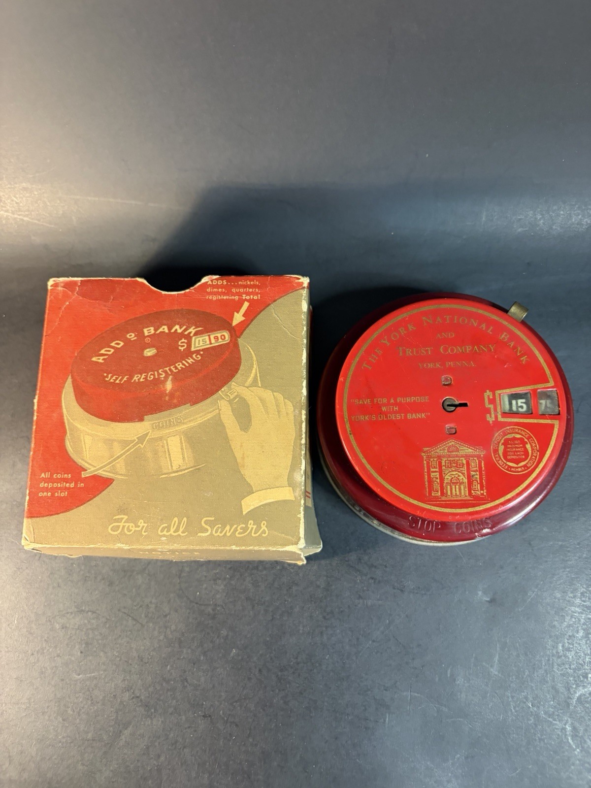 Vintage Red York National Bank & Trust  Pa  Add-O-Bank w/Box - No Key