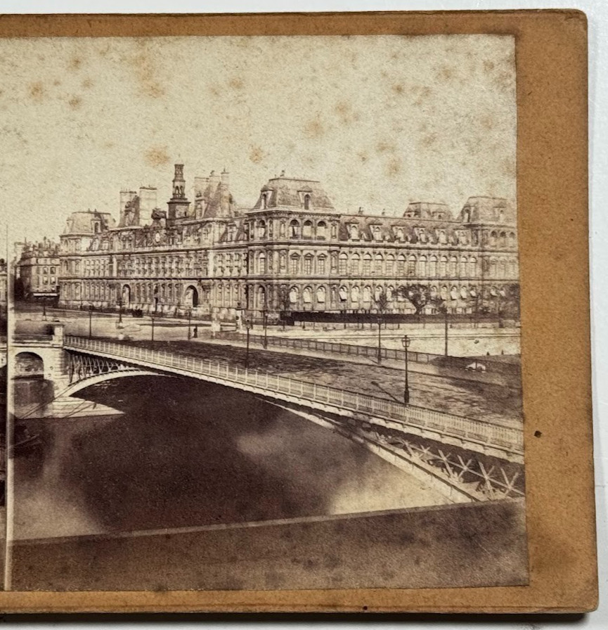 Stereoview of Hôtel de Ville, Paris with Bridge and River, 19th Century Card