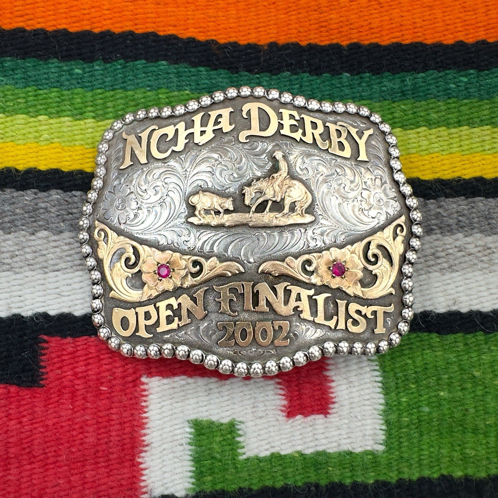 VTG 2002 Gist USA Hand Engraved NCHA Trophy Buckle Sterling Overlay 1/10 10K