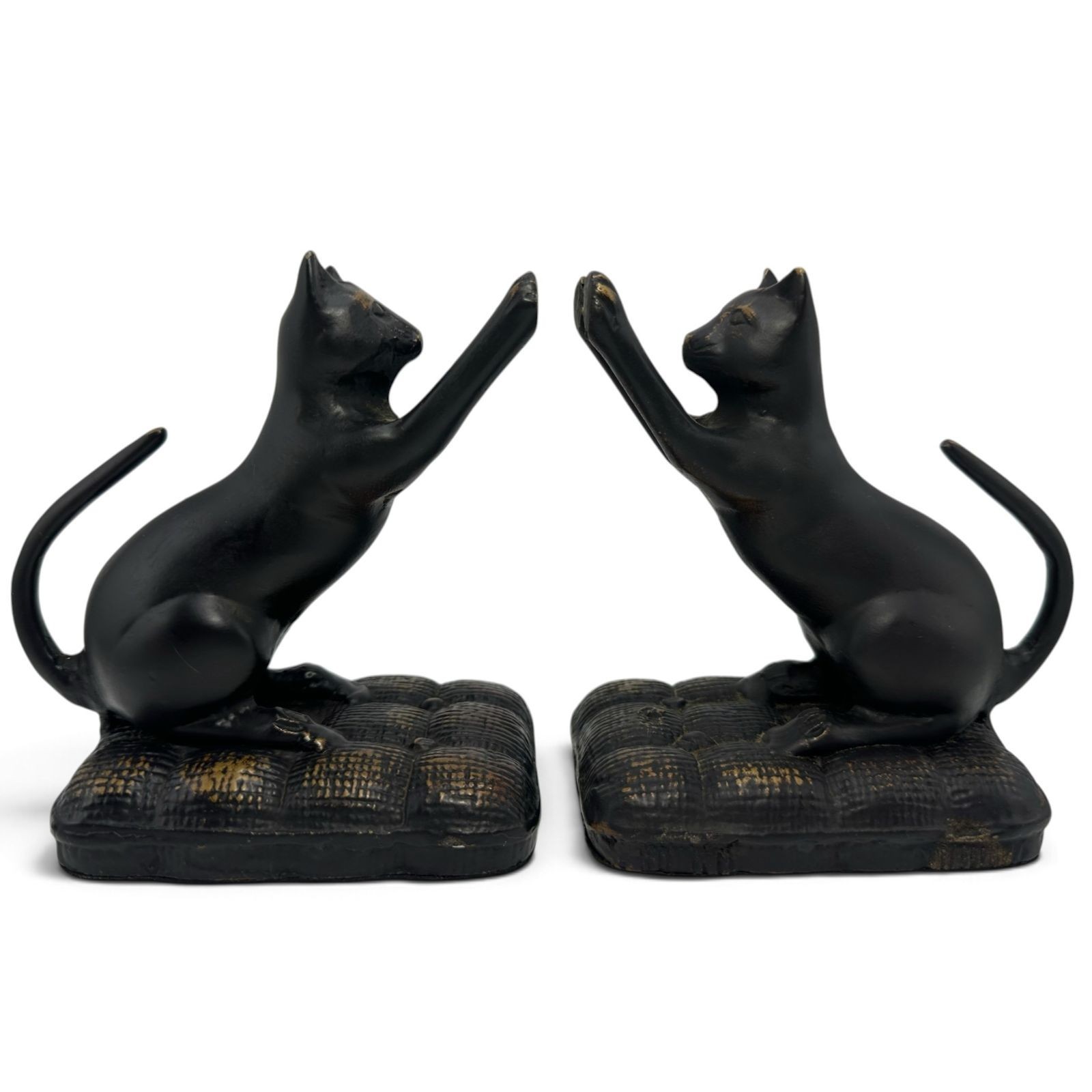 Vintage Cast Iron Black Cat Bookends Pair Stretching Cats on Cushion Figurine