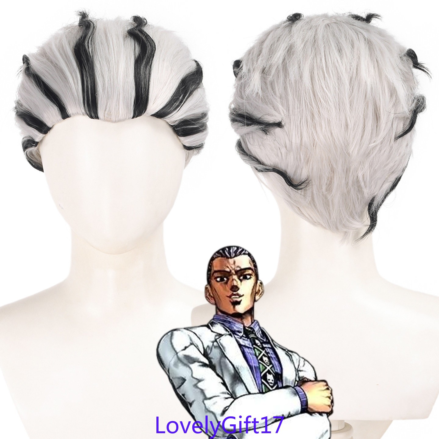 Anime Cosplay Wigs JOJO Kosaku Kawajiri Black White Curly Short Hair Party Hair Anime Cosplay Wigs JOJO Kosaku Kawajiri Black White Curly Short Hair Party Hair