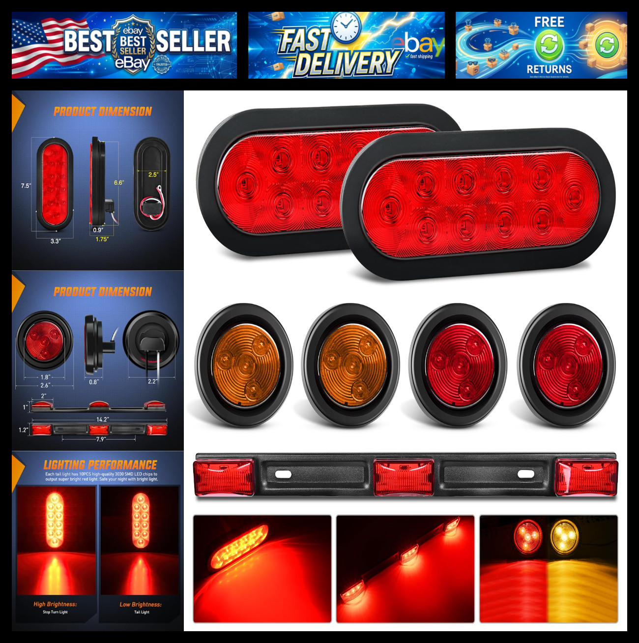 Nilight LED Trailer Light Kit Oval Taillight Round Marker Lamp 9LED ID Bar