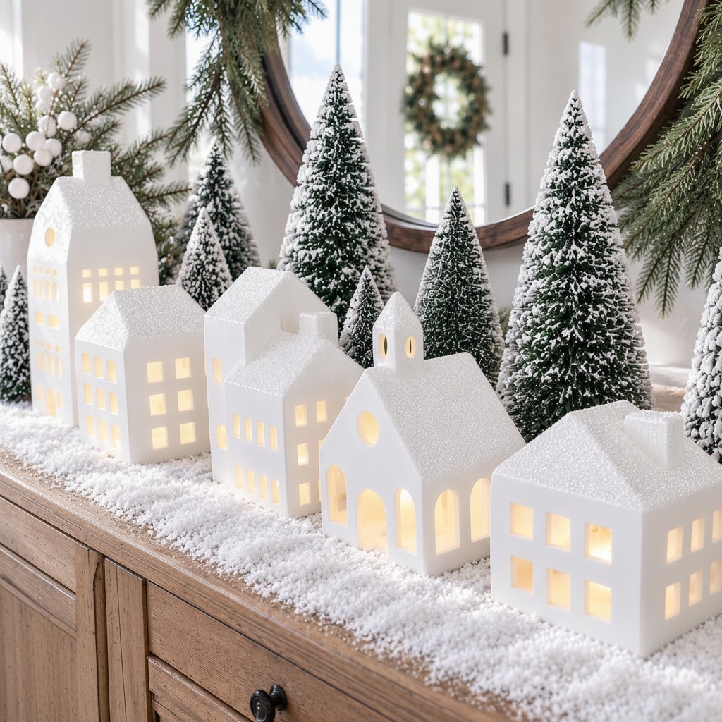 Charming White Ceramic Christmas Village - 5 Houses & 9 Mini Trees for Mantels
