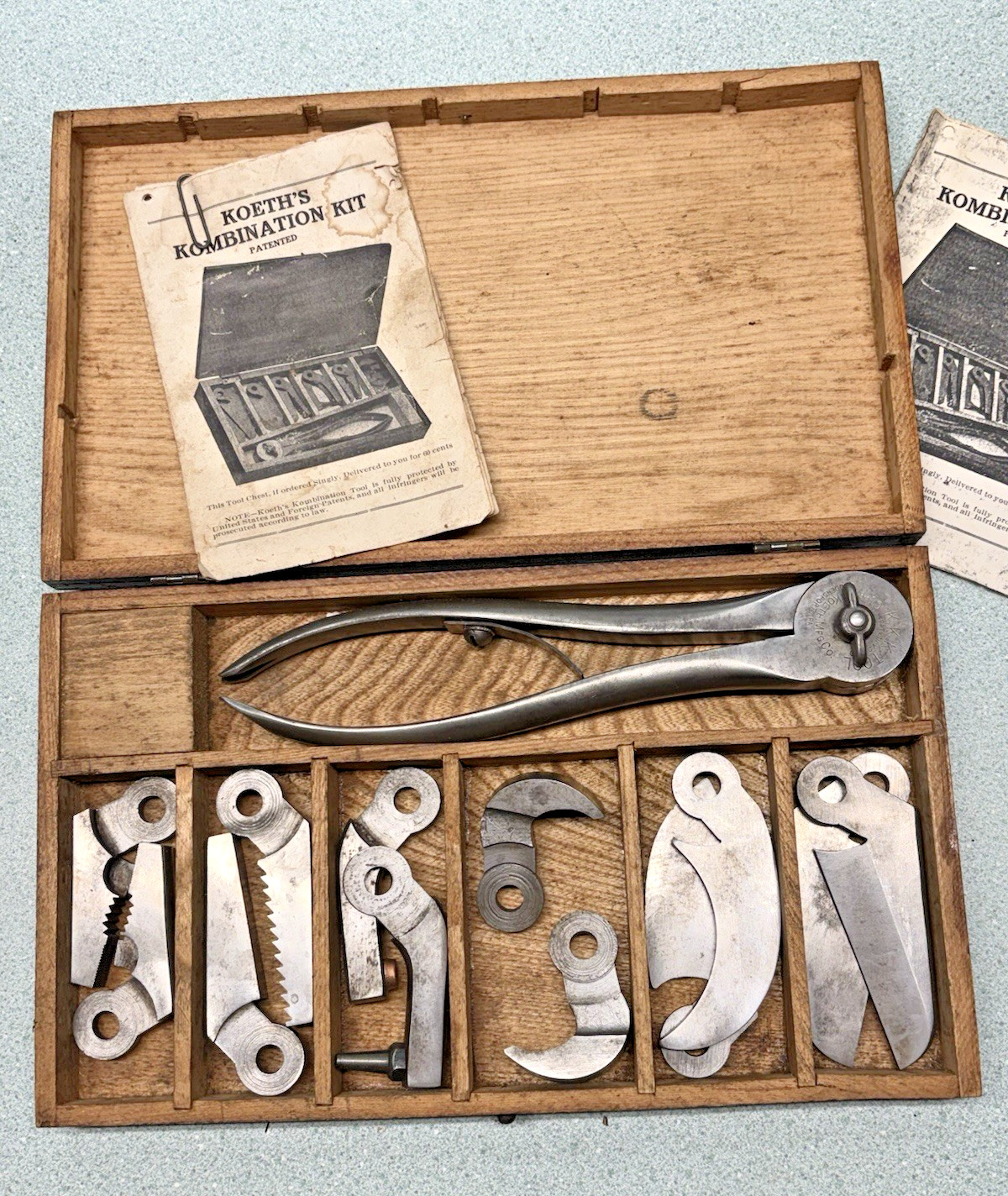 Antique Koeth\'s Kombination Tool Kit Wood Box 1900 pat. MINT instructions wrench
