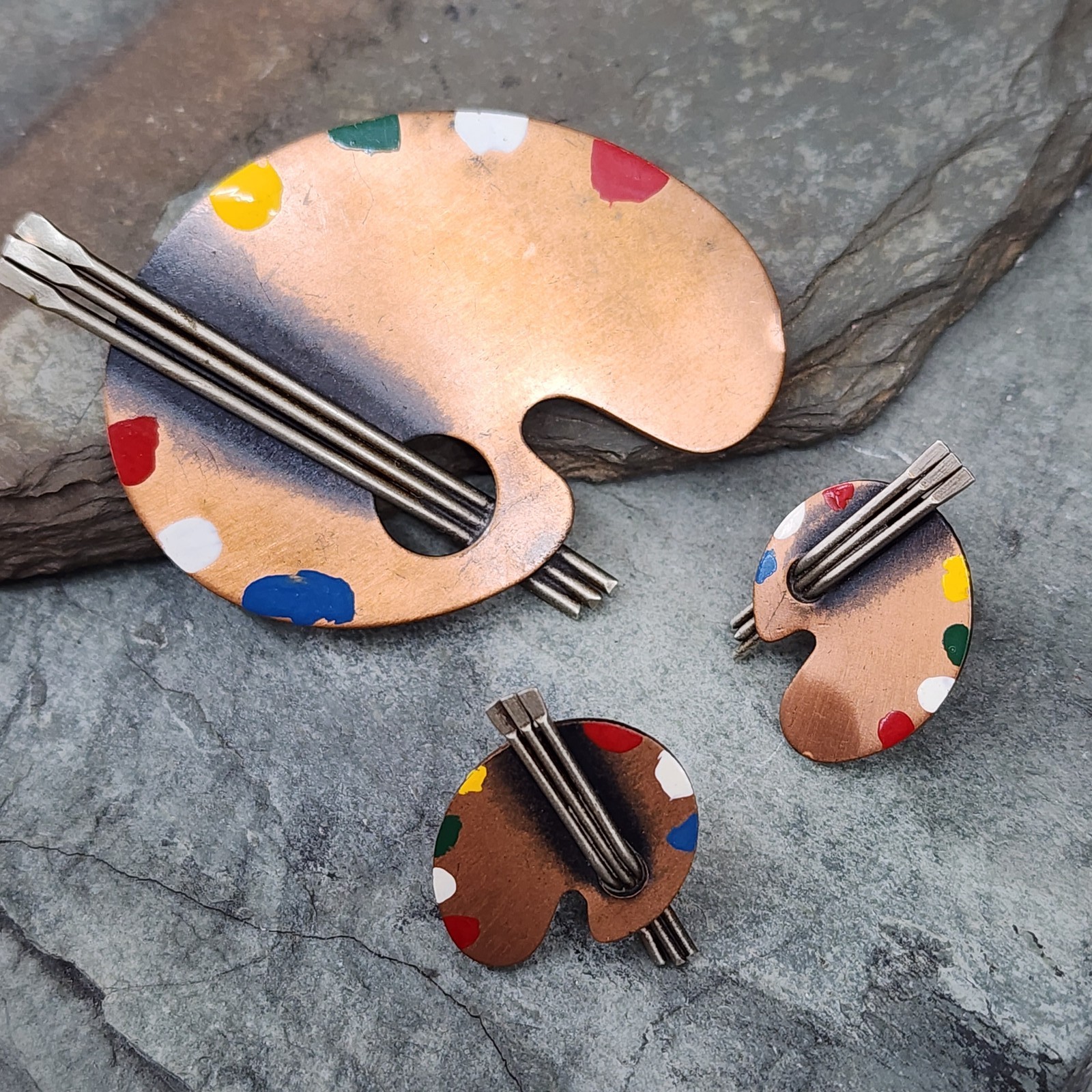 Vintage Rebajes Copper Artist\'s Painting Palette Enameled Brooch & Earrings Set