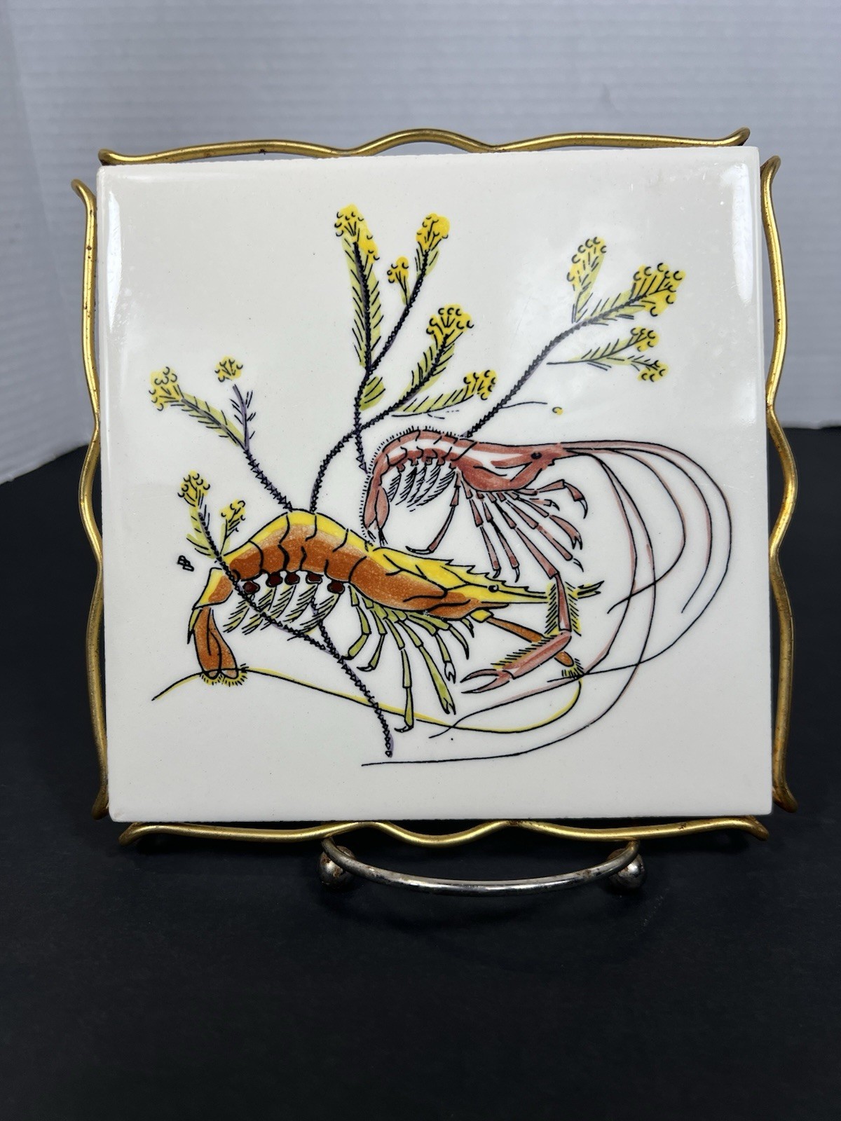 Vintage Gien France Grands Crustaces Lobster Ceramic Tile Trivet Gold Tone Frame