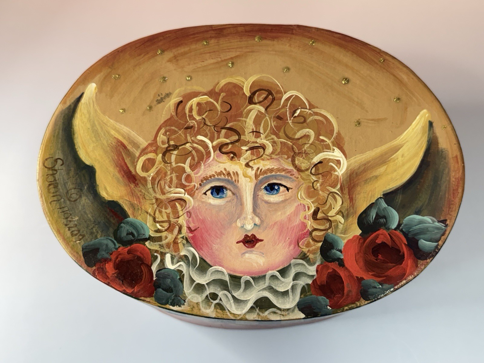 Vintage Hand Painted Christmas Angel Folk Art Oval Paperboard Box Signed Sharon