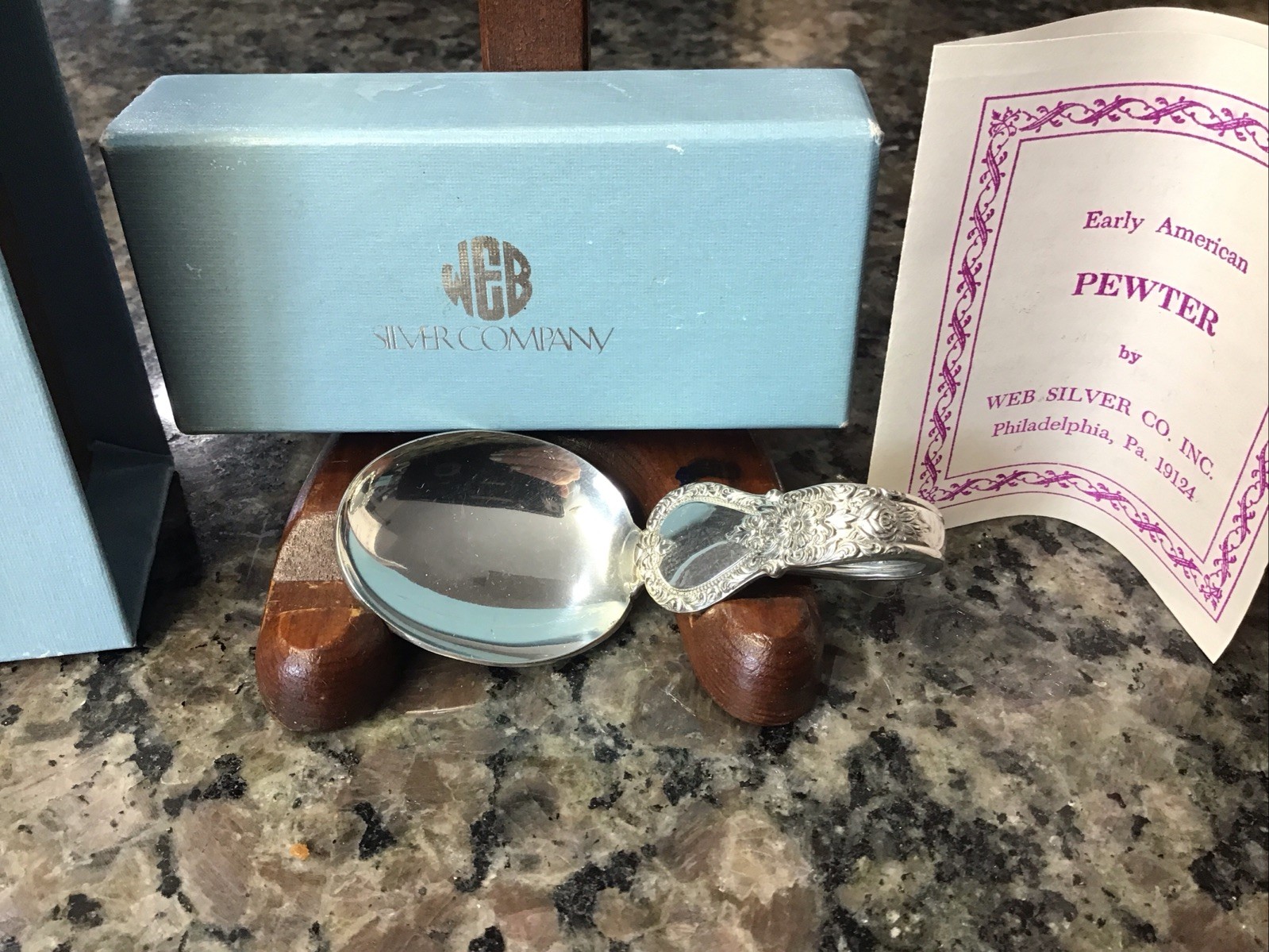 Early American Pewter Web Silver Co Ballet Bent Baby Spoon In Original Box Early American Pewter Web Silver Co Ballet Bent Baby Spoon In Original Box