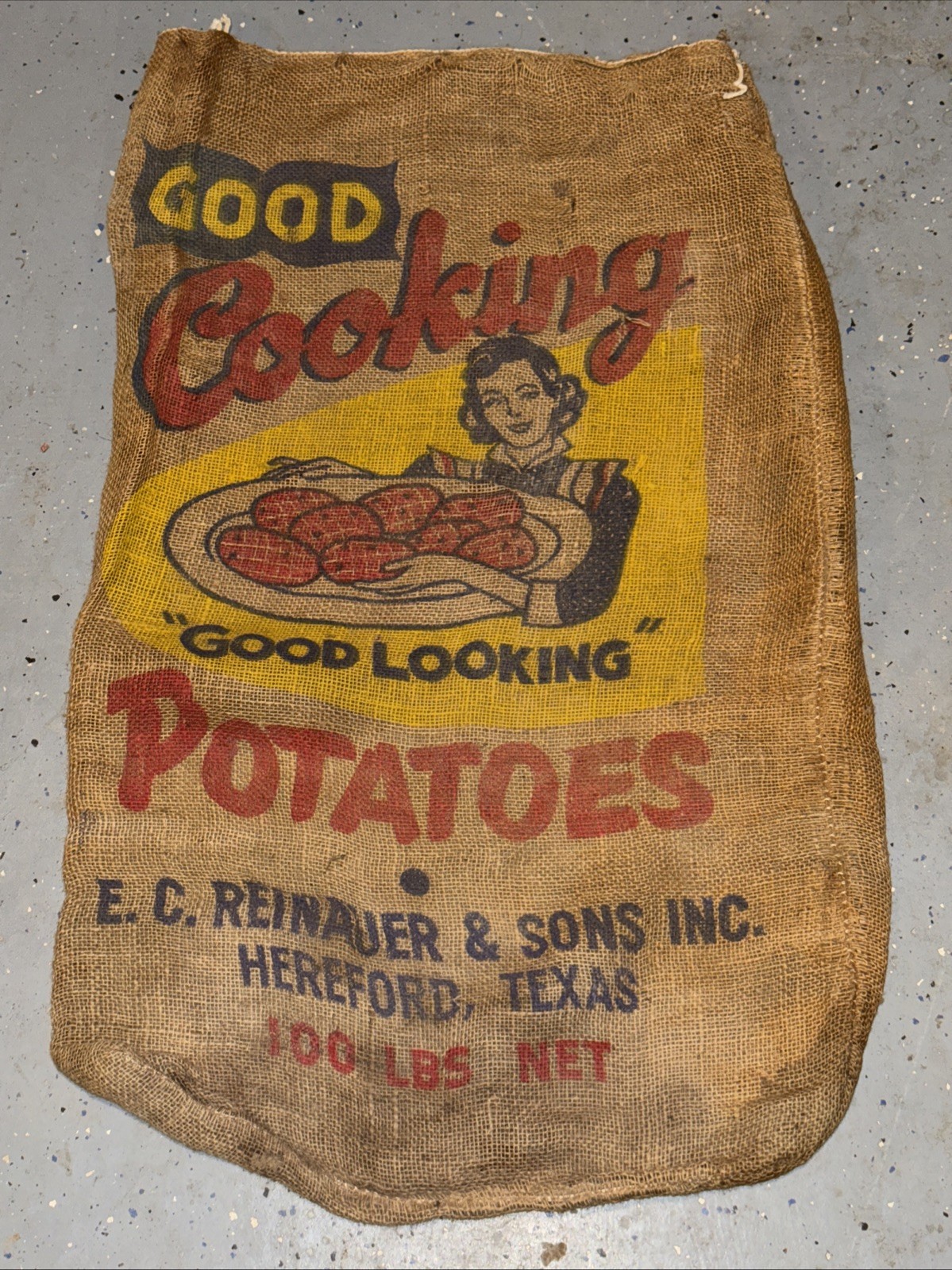 Vintage Good Cooking Texas Potatoes Burlap Bag Gunny Sack 100 lbs Rare Antique