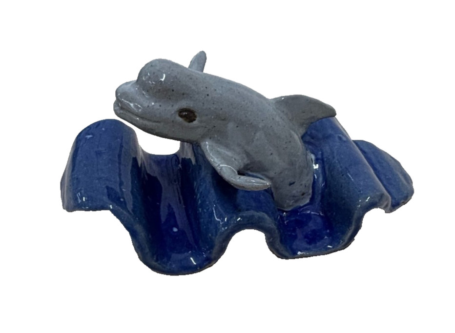 Signed Studio Art Pottery Dolphin Figurine Blue Wave Ceramic Sculpture