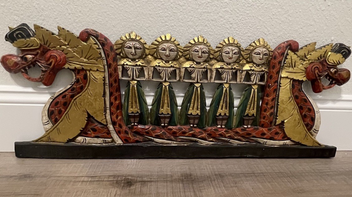 Vtg Balinese Dragon Boat Hand Carved Bali Indonesia Wood Panel Wall 