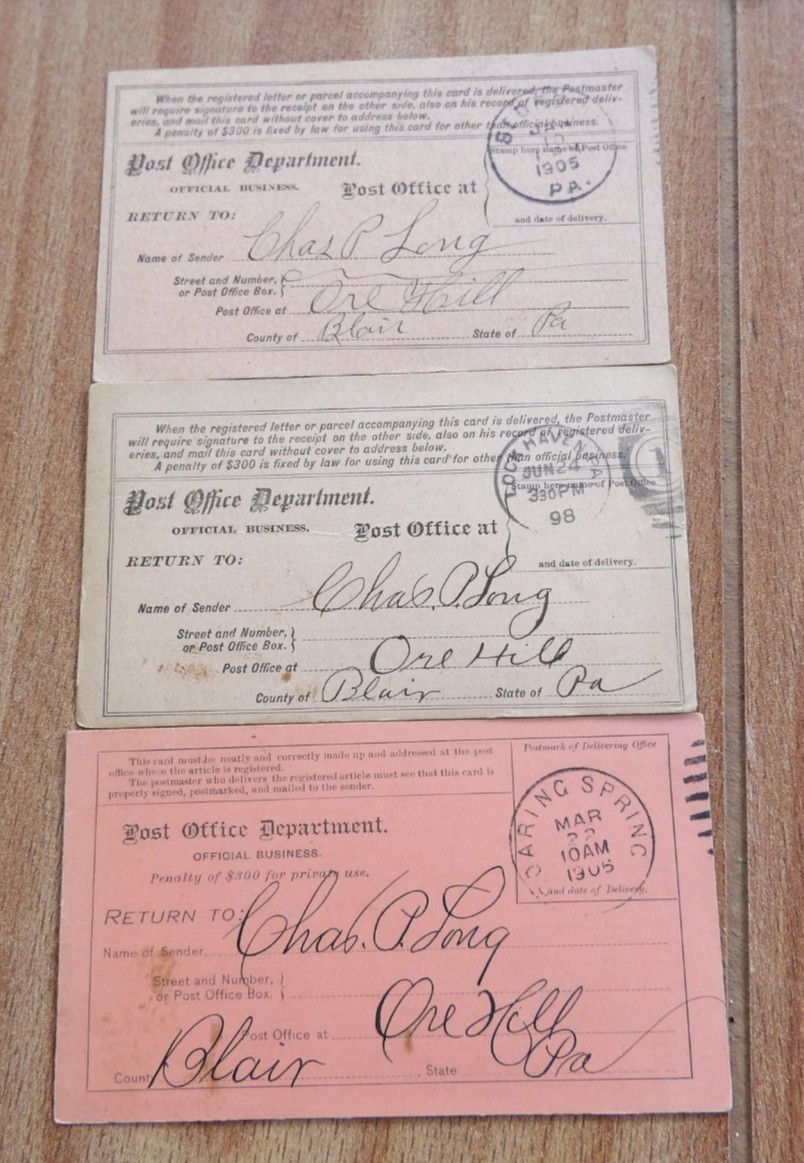 Three 1898-1905 Post Office Receipts Pa Lock Haven Bedford Roaring Spring Ore H