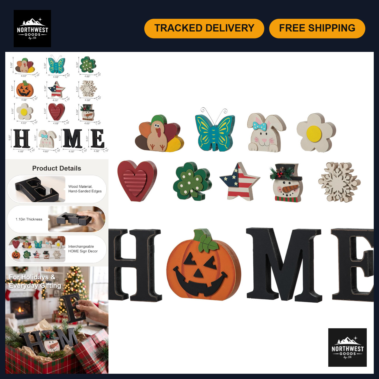 Glitzhome Interchangeable Home Table Signs with 13 Pcs Seasonal Icons, Wooden Ch