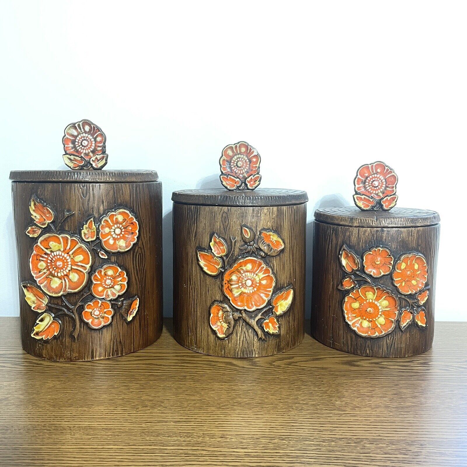 Rare Treasure Craft Orange Poppy Canisters set Of 3 Brown Bark Poppy On Top
