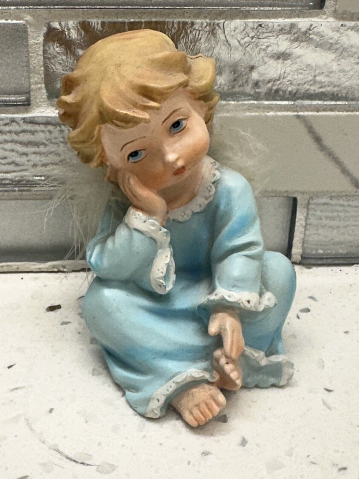 Vintage Bisque Porcelain Sitting Angel Cherub 3 in With Wngs of Feathers