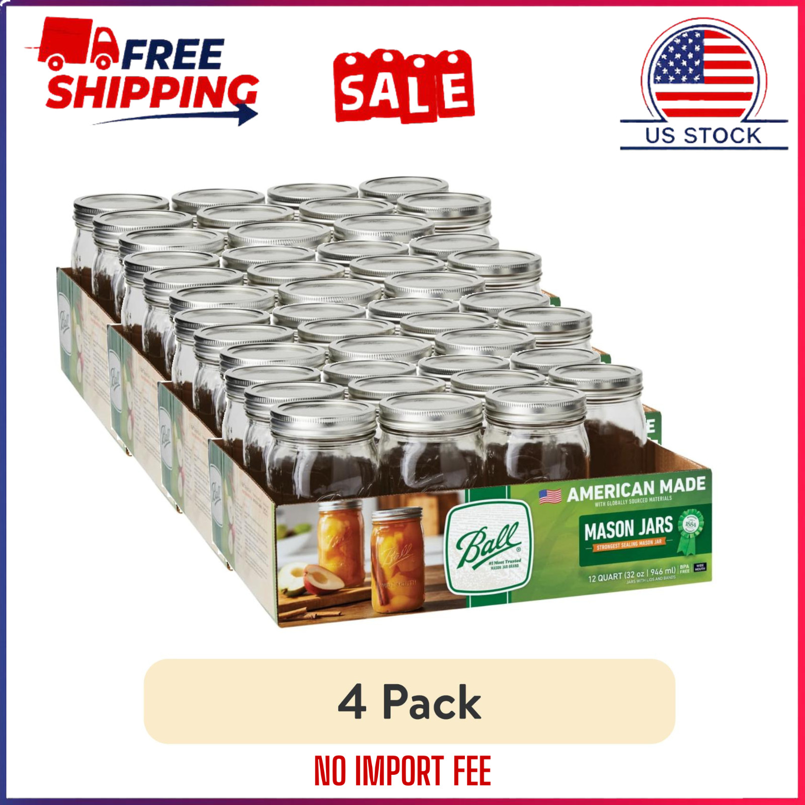 (4 pack) Ball 32 oz Mason Jars, Wide Mouth Quart Canning Jars with Lids and Ring