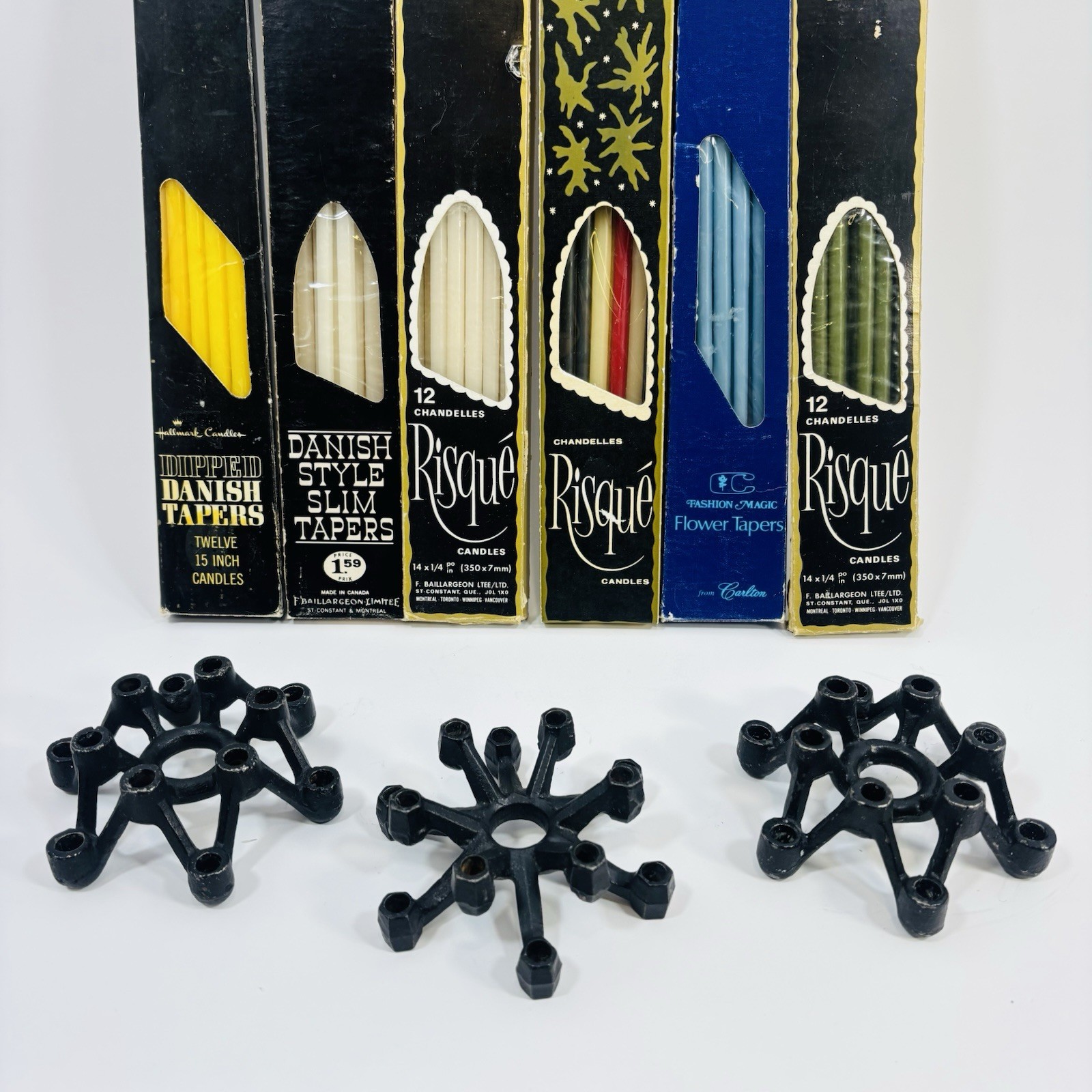 3 X Vintage MCM Cast Candle Holders Danish Style Plus Lot of Slim Taper Candles