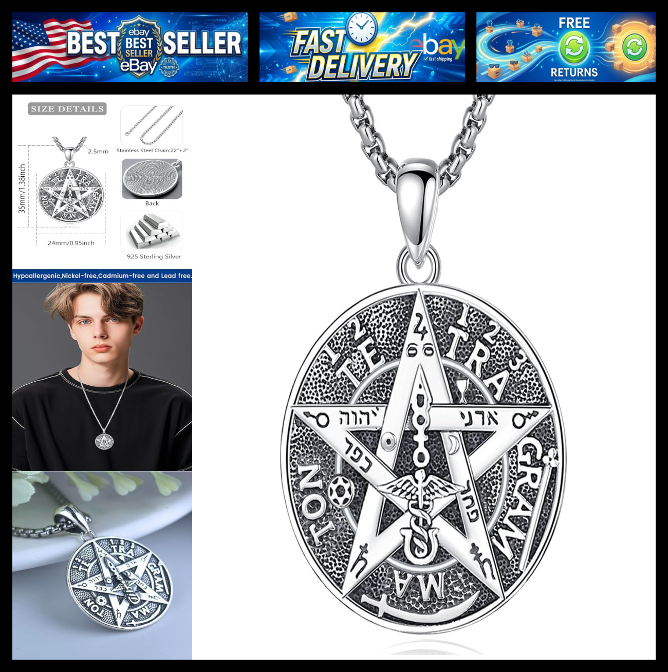 Wasee Seal of Seven Archangels/Tetragrammaton Pendant Necklace for Men 925 Sterl