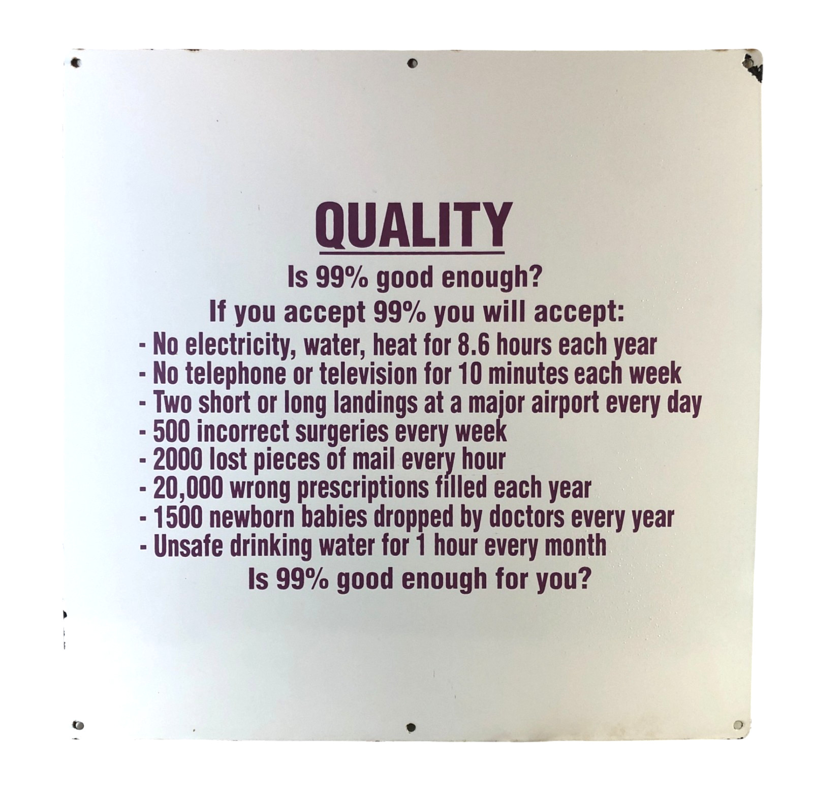 Vintage Quality is 99% Good Enough Industrial Factory Porcelain Sign 18x18