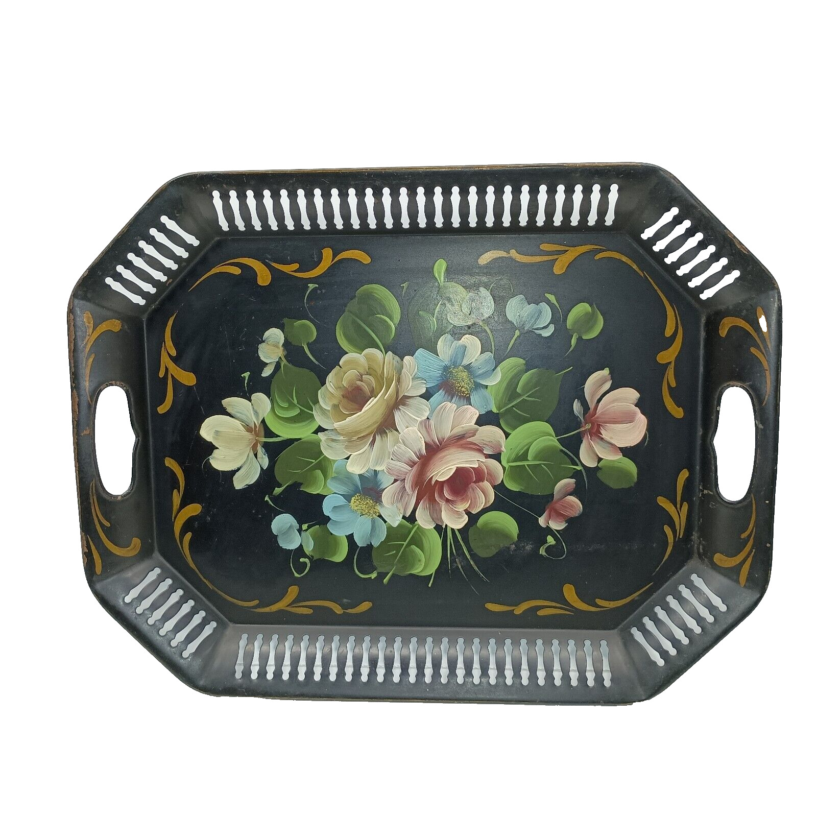 Vintage Hand Painted Large Toleware Floral Metal Tray Octagon Black Cut-out Rim