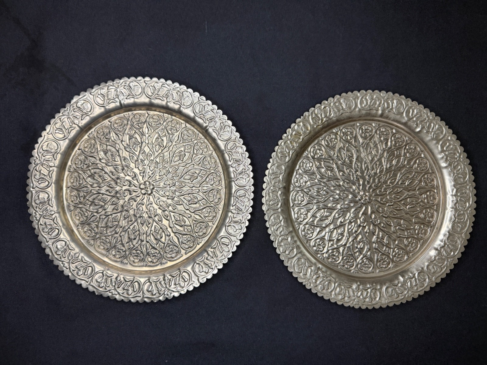 Antique Turkish Repoussé Metal Trays Pair Floral Middle Eastern Silver Tone