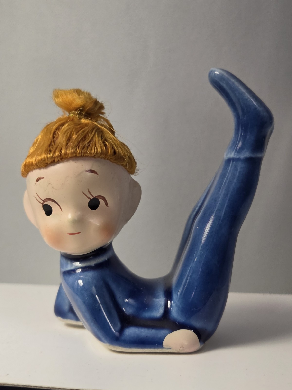 Vtg Napco Pixie Girl Elf Figurine Blue Ceramic Orange Nylon Hair Japan MCM Kitsc