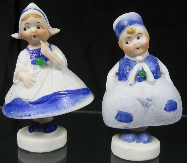 Vintage 1930's Bisque Figurine Cute Dutch Boy & Girl Bells NEAT