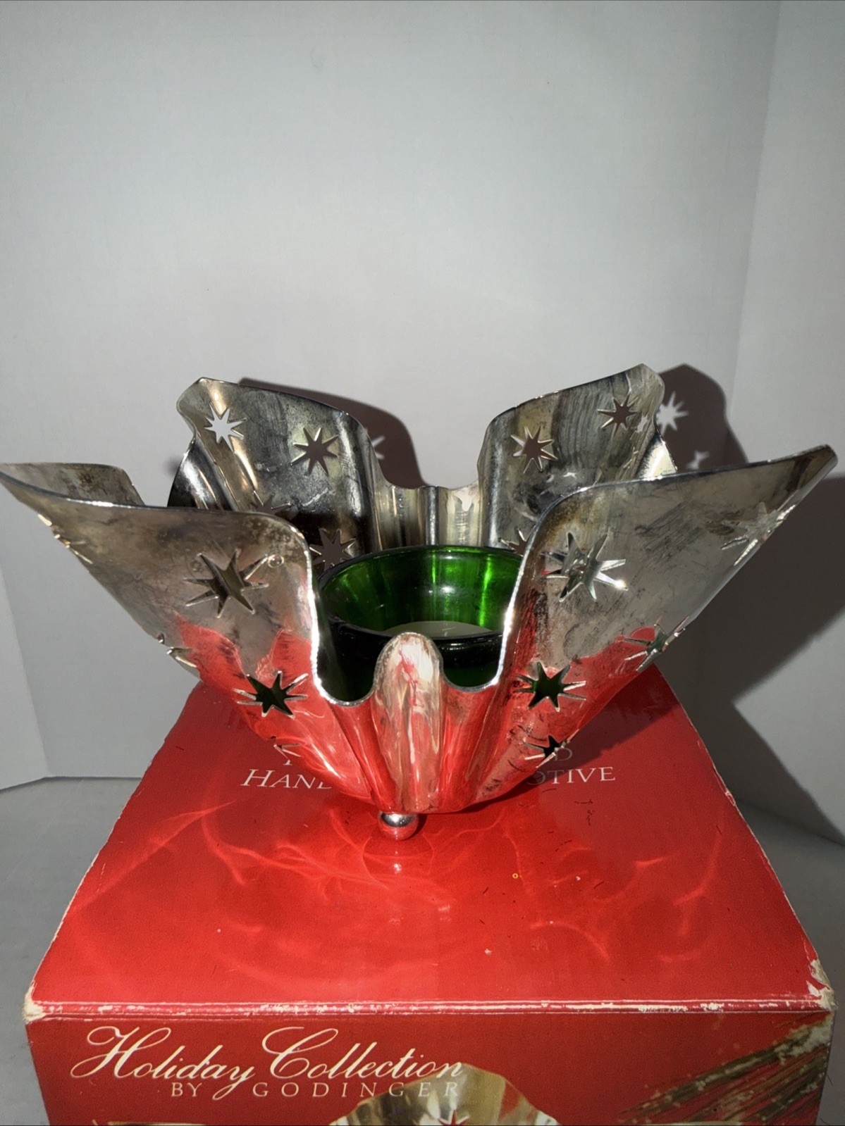 Silver Plated Godinger Handkerchief Votive Holiday Collection Green Glass Holder