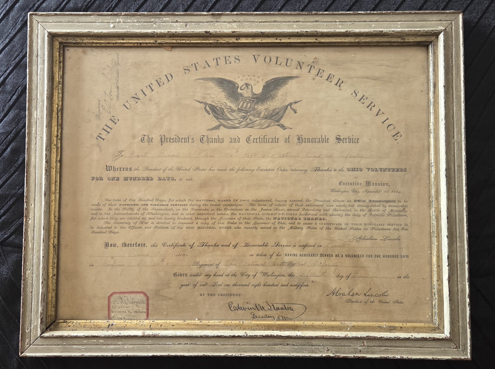 Antique Abraham Lincoln Ohio Volunteer National Guard 100 Days Award Framed 1864