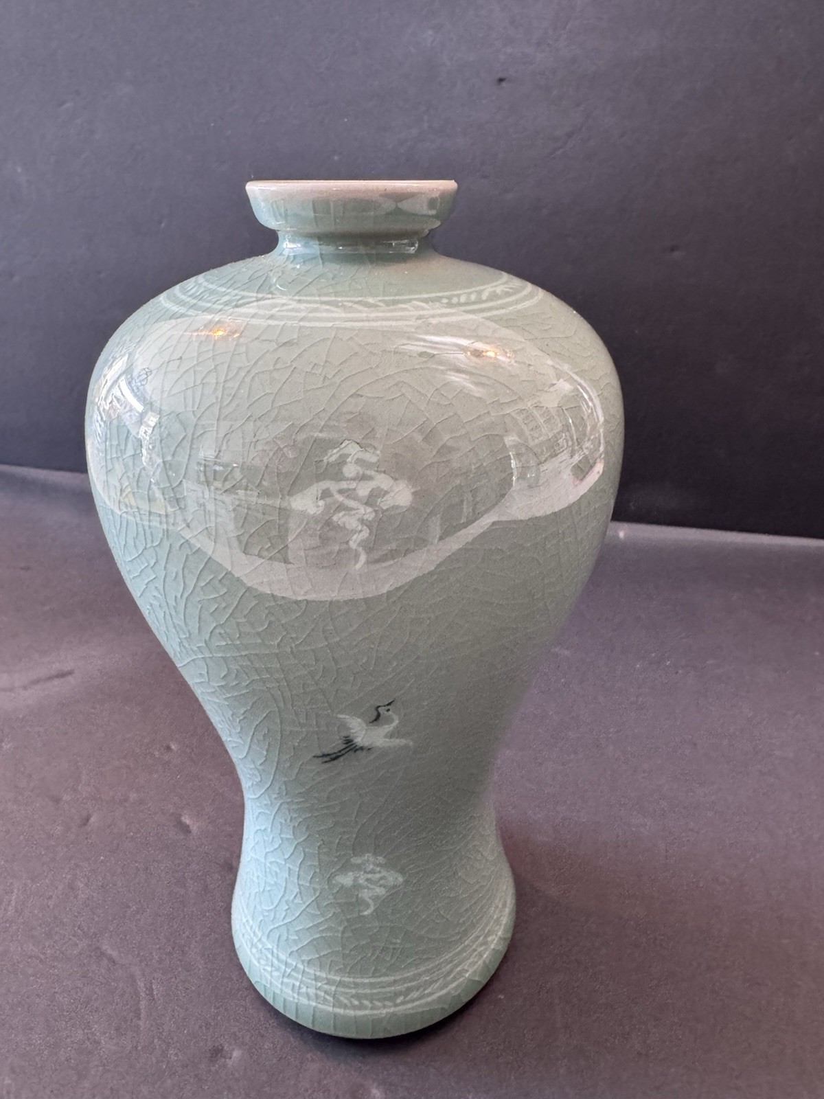 Vintage Signed Celadon Crane Vase 花泉 Kasen Crackle Glaze Asian Pottery 8”