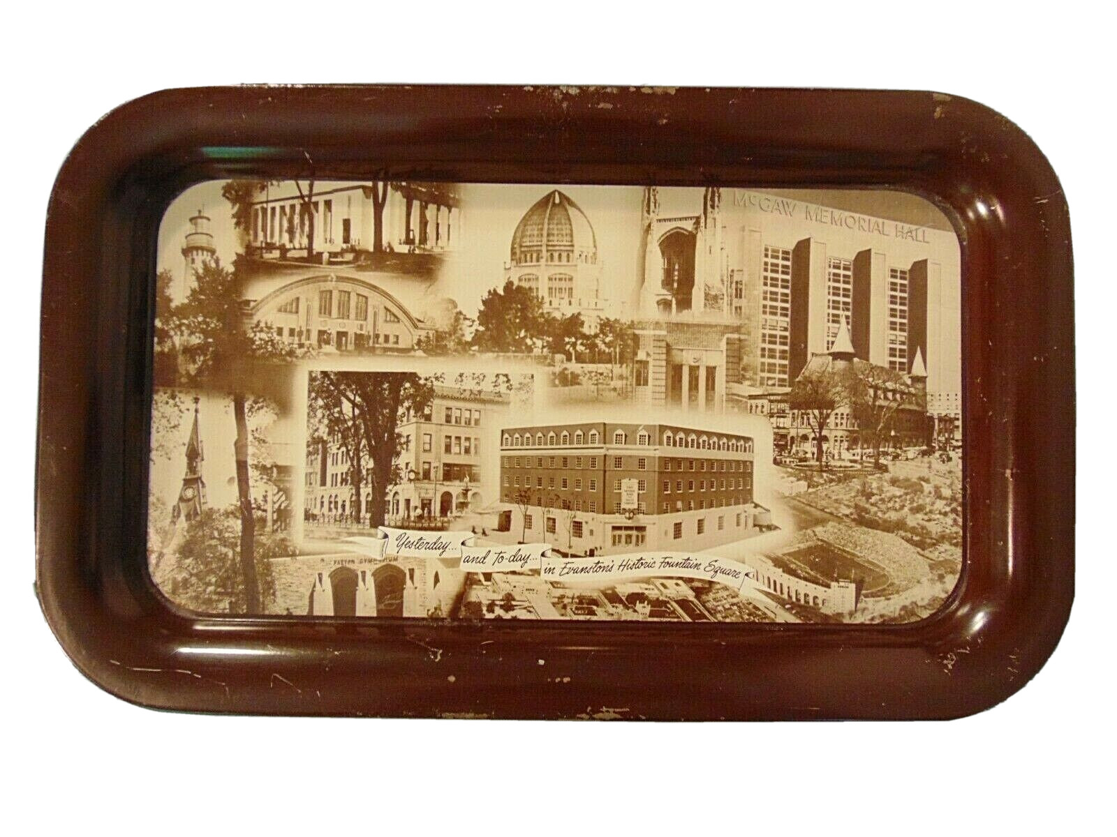 Evanston IL Metal Tray Souvenir First National Bank And Trust 1955 McGaw Hall