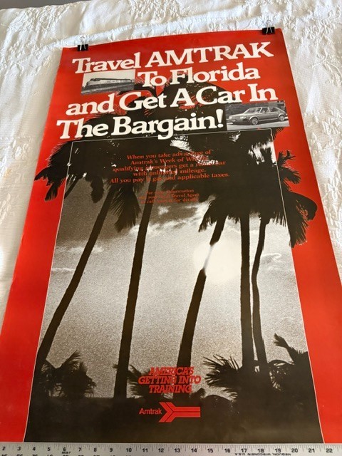 Travel Amtrak To Florida & Get A Car Promo Poster Vintage Original Rare Railroad