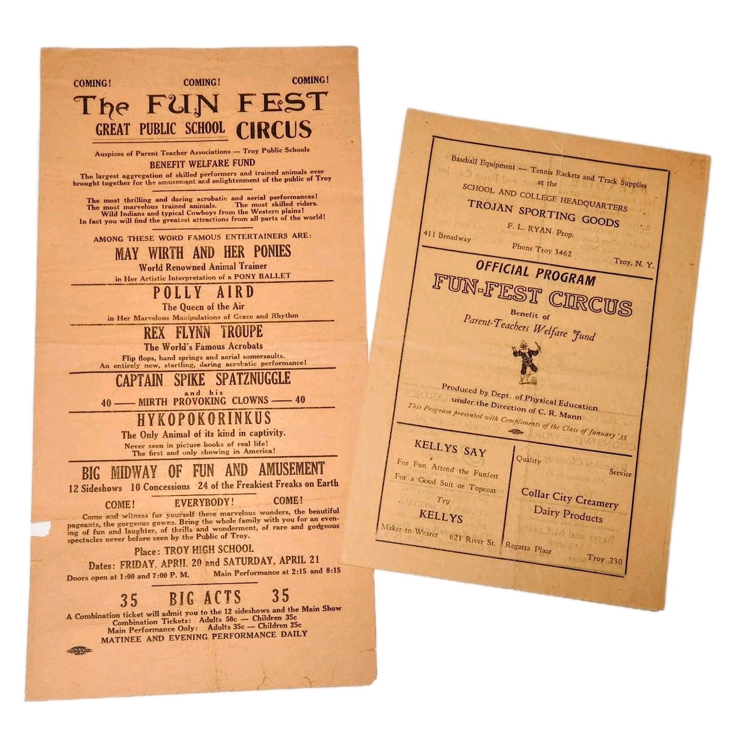 1935 Troy NY Public School Fun Fest Circus Broadside Flyer & Program May Wirth