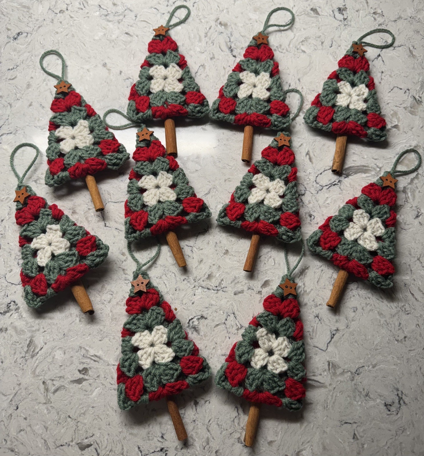 Handmade - Set Of 10 - Crocheted Granny Square Christmas Tree Ornaments