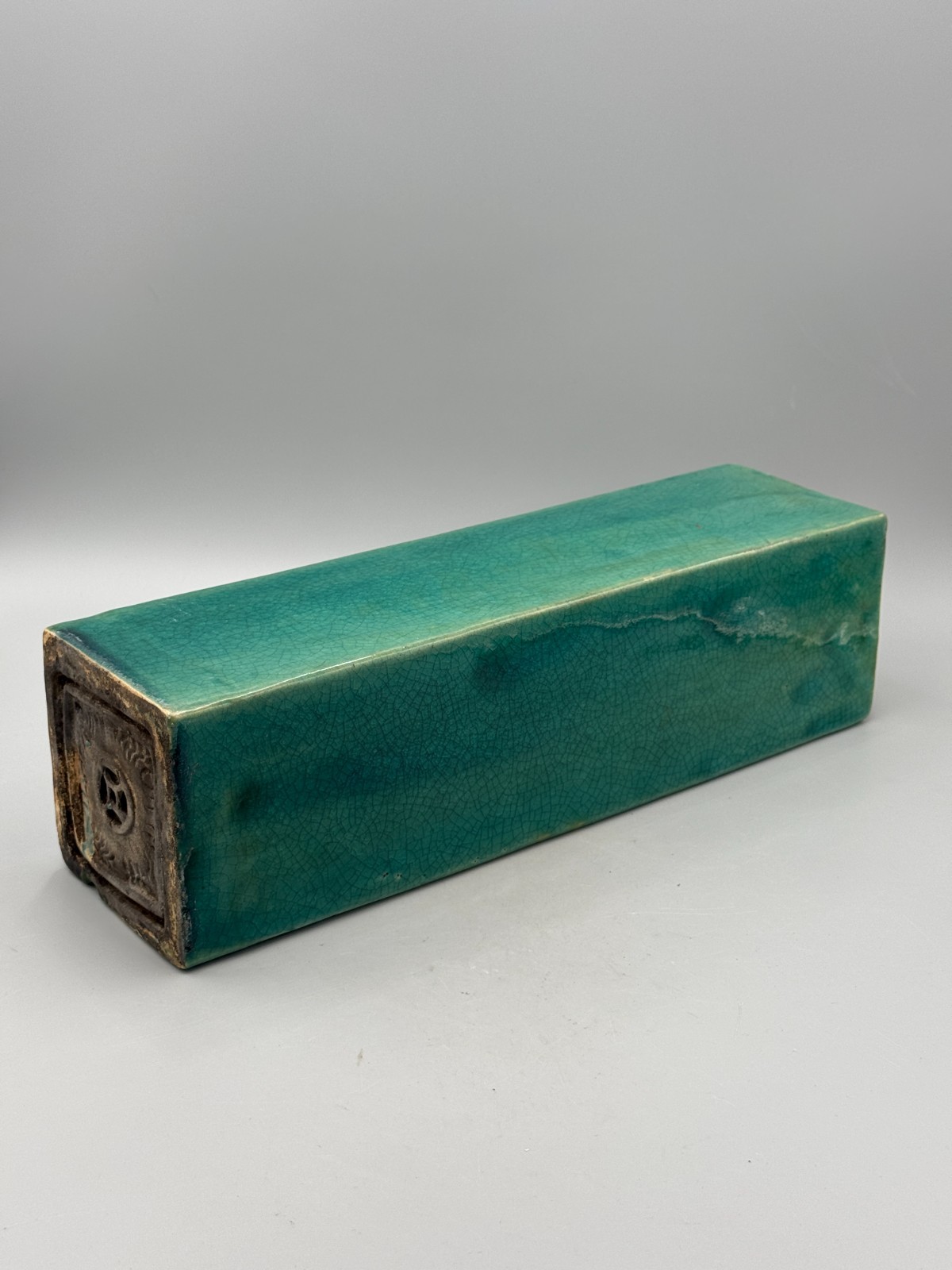 LARGE Antique Chinese Shiwan Green Glaze Rectangular Pottery Pillow 15 1/4''