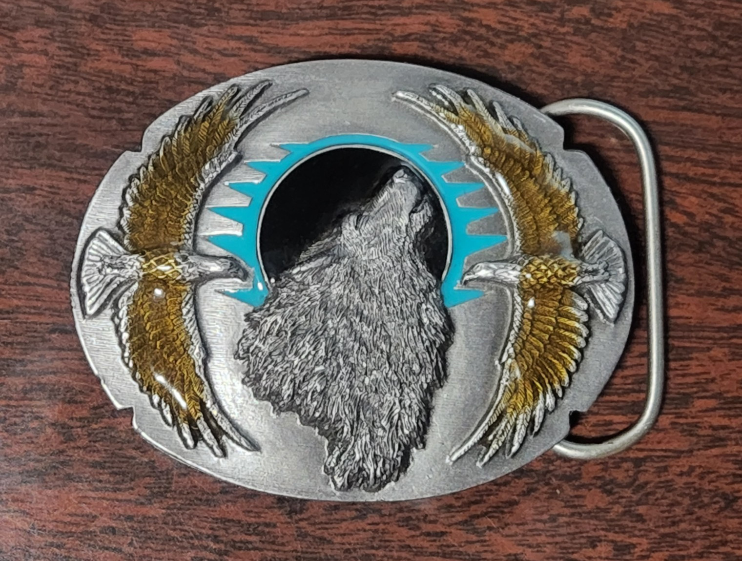 VTG 1995 Siskiyou \'Brothers of the Wind\' Pewter Belt Buckle Wolf Eagles USA