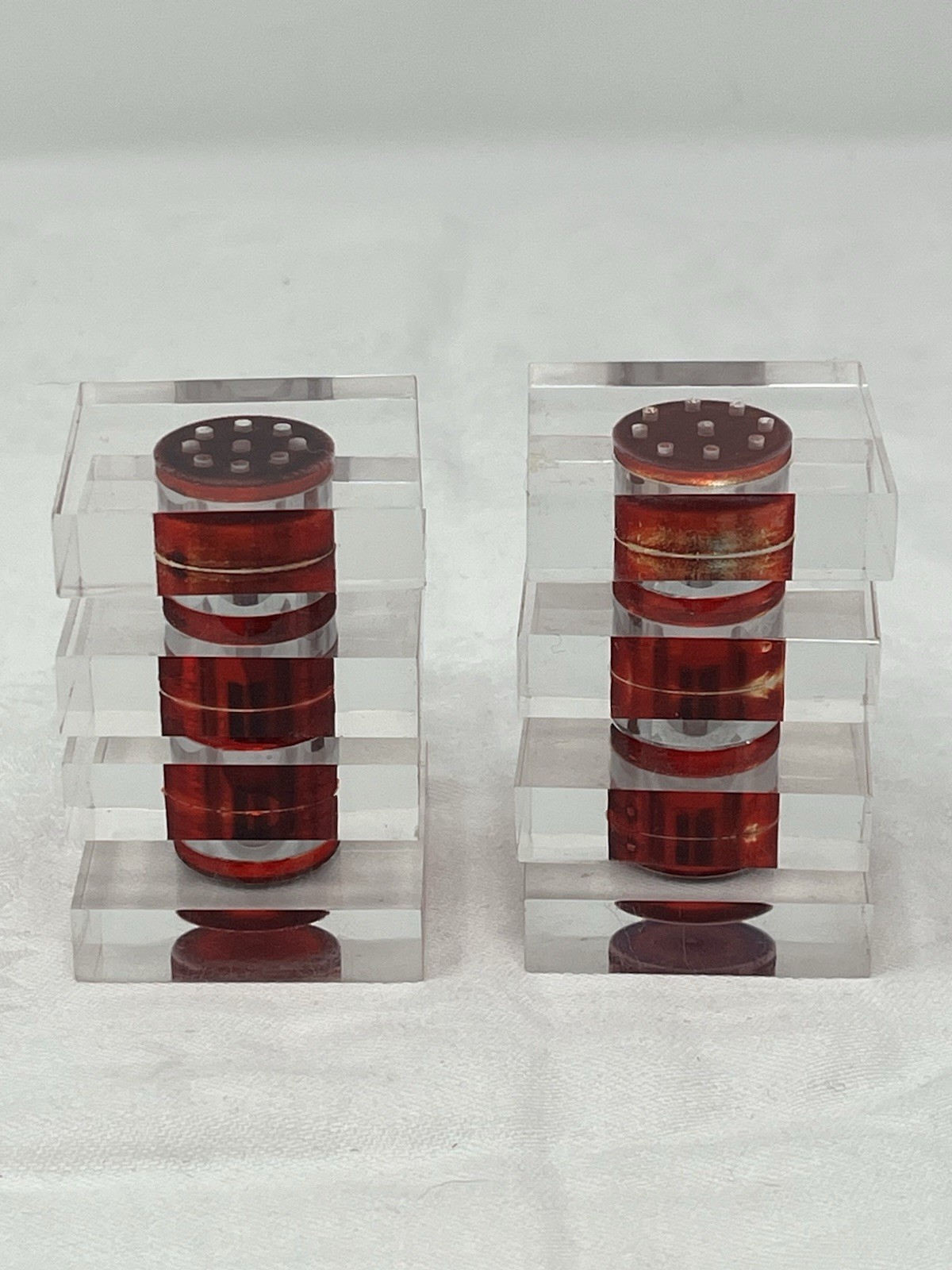 Vintage Artisan Post-Modern Red & Clear Stacked Lucite Salt & Pepper Shakers