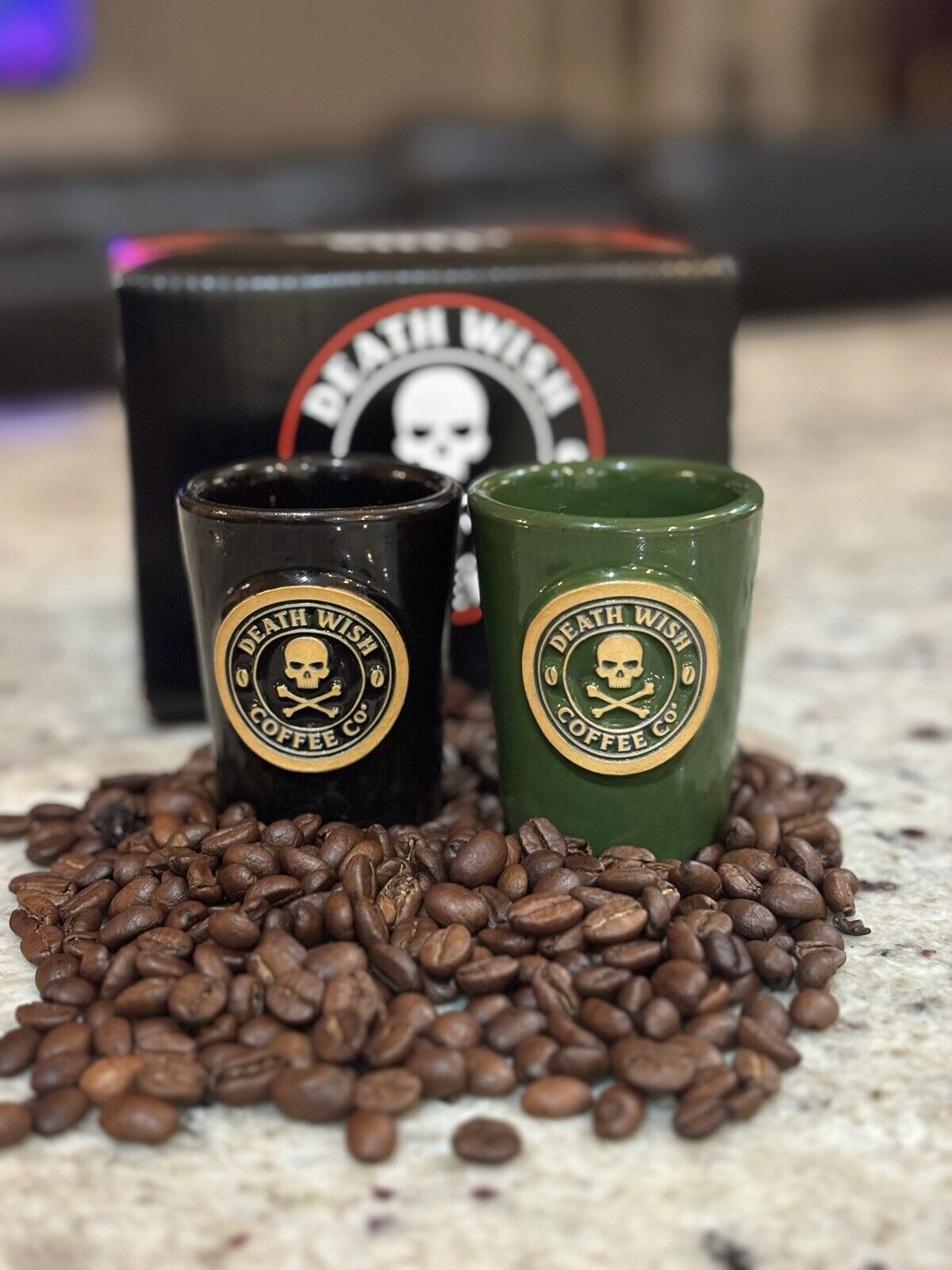 DEATH WISH COFFEE CO.  SHAMROCK SHOT GLASS SET FOR ST. PATRICK'S DAY   RARE