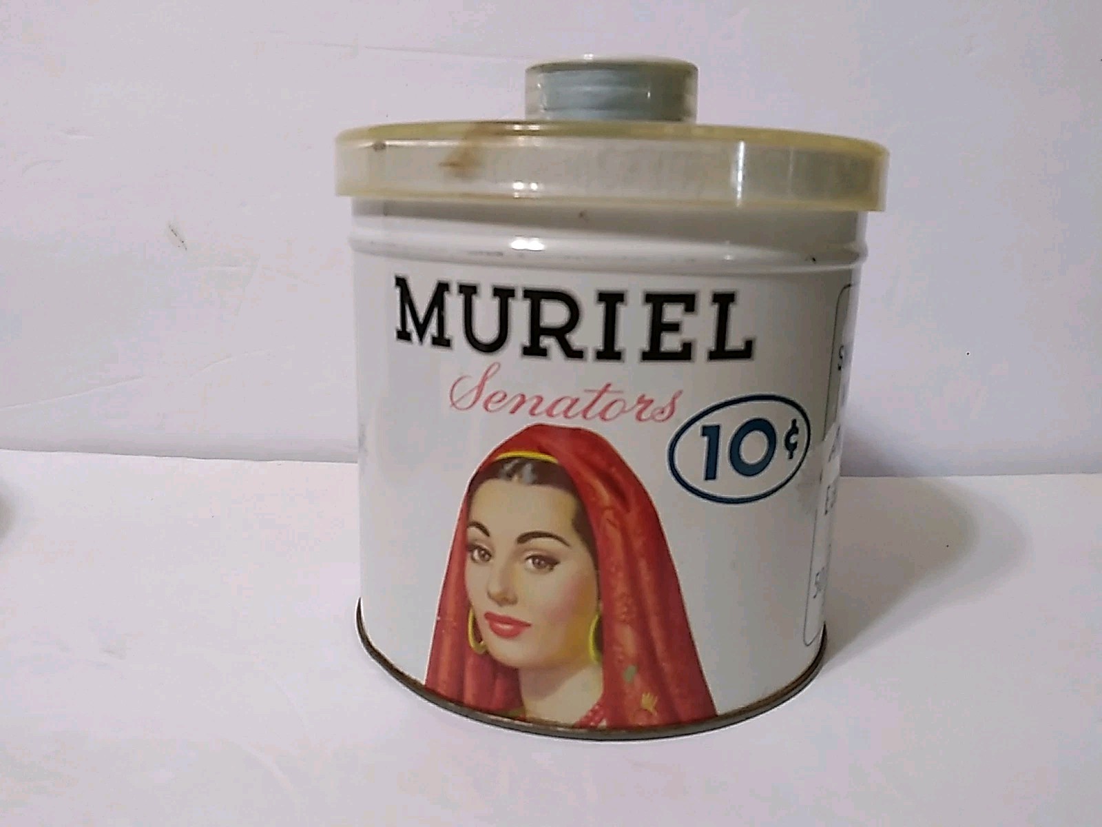 Vintage Muriel Senators Cigar Tin Canister, 10 Cent, Lorillard Co. Plastic Lid
