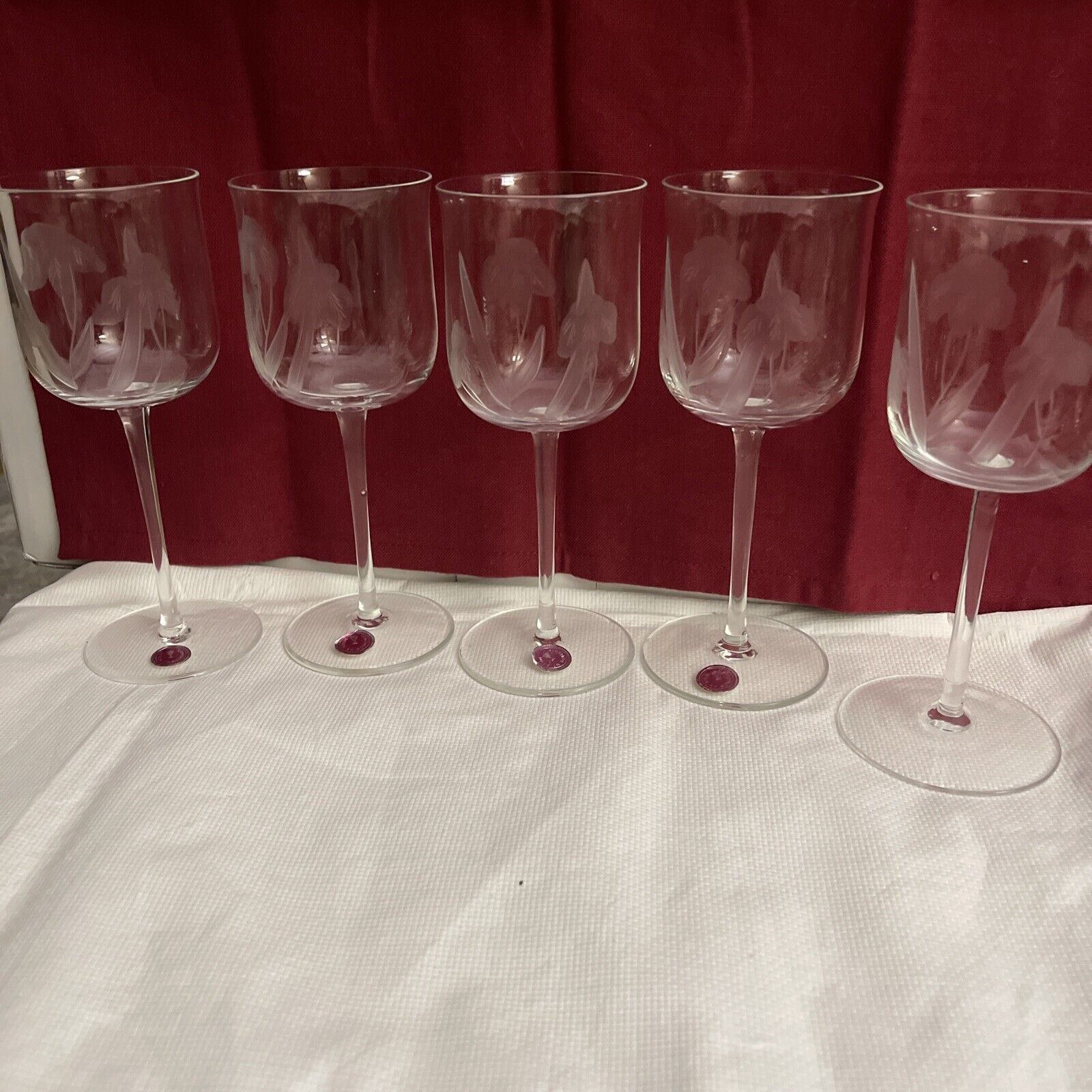 vintage 5 STEMWARE ETCHED GLASS HAND BLOWN GOBLETS CRYSTAL CLEAR Romania 7” Tall